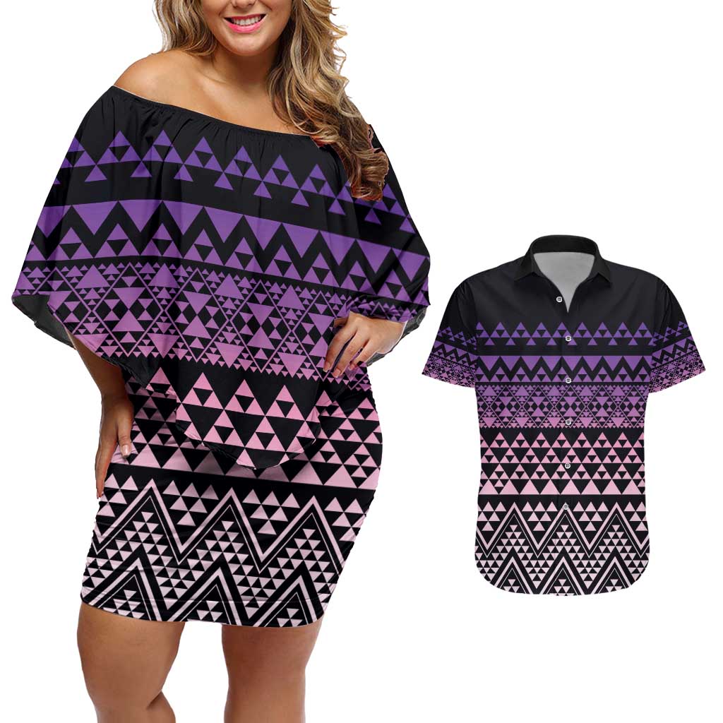 Maori Niho Taniwha Te Wheiao Couples Matching Off Shoulder Short Dress and Hawaiian Shirt Waiporoporo LT7 Purple - Polynesian Pride