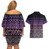 Maori Niho Taniwha Te Wheiao Couples Matching Off Shoulder Short Dress and Hawaiian Shirt Waiporoporo LT7 - Polynesian Pride
