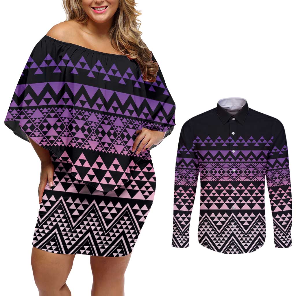 Maori Niho Taniwha Te Wheiao Couples Matching Off Shoulder Short Dress and Long Sleeve Button Shirt Waiporoporo - Polynesian Pride