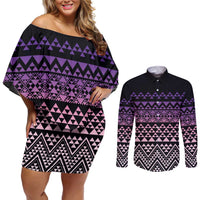 Maori Niho Taniwha Te Wheiao Couples Matching Off Shoulder Short Dress and Long Sleeve Button Shirt Waiporoporo - Polynesian Pride