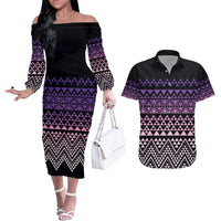 Maori Niho Taniwha Te Wheiao Couples Matching Off The Shoulder Long Sleeve Dress and Hawaiian Shirt Waiporoporo LT7 Purple - Polynesian Pride