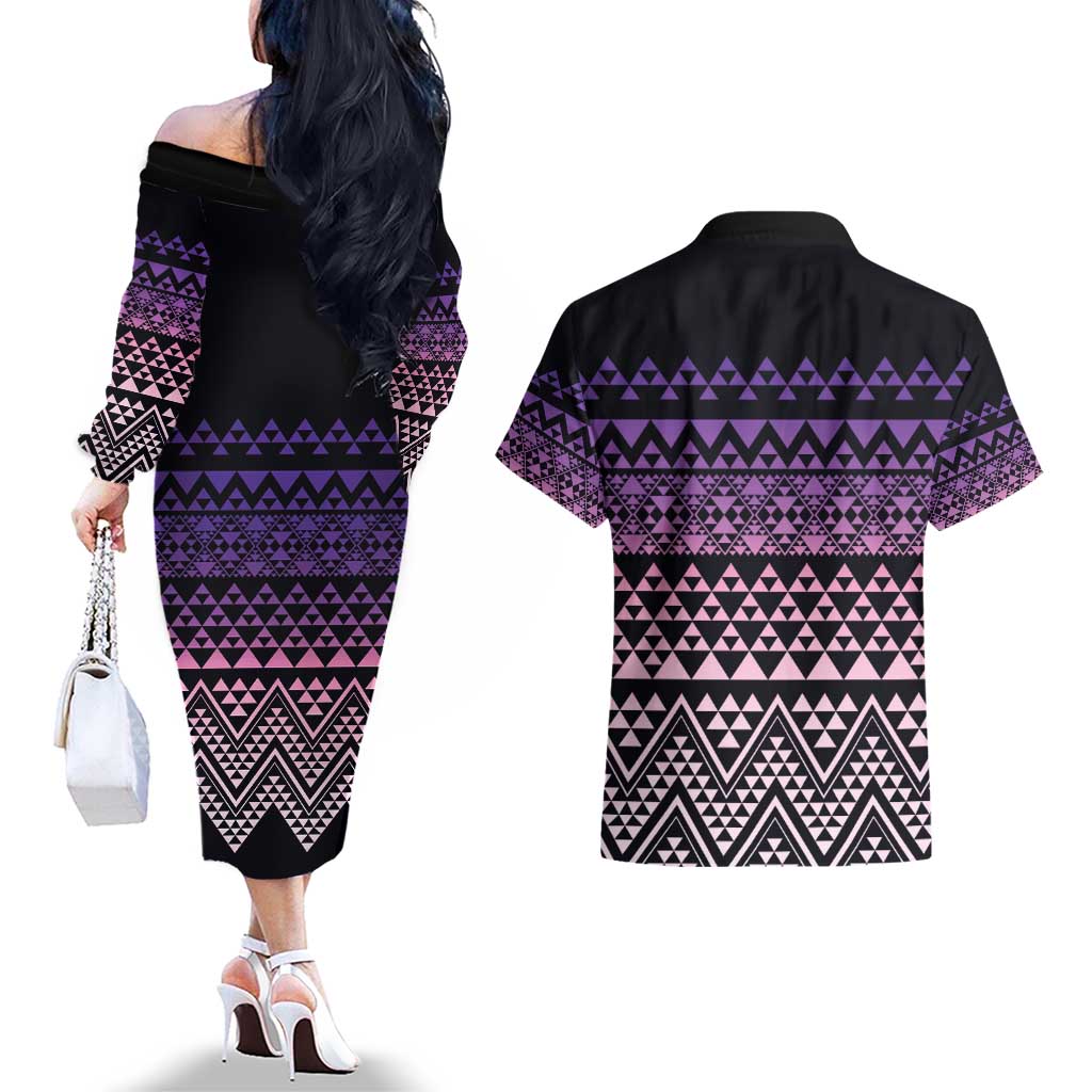Maori Niho Taniwha Te Wheiao Couples Matching Off The Shoulder Long Sleeve Dress and Hawaiian Shirt Waiporoporo LT7 - Polynesian Pride