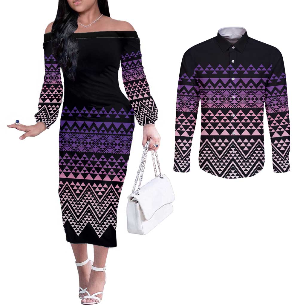 Maori Niho Taniwha Te Wheiao Couples Matching Off The Shoulder Long Sleeve Dress and Long Sleeve Button Shirt Waiporoporo LT7 Purple - Polynesian Pride