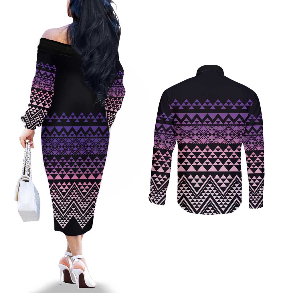 Maori Niho Taniwha Te Wheiao Couples Matching Off The Shoulder Long Sleeve Dress and Long Sleeve Button Shirt Waiporoporo LT7 - Polynesian Pride