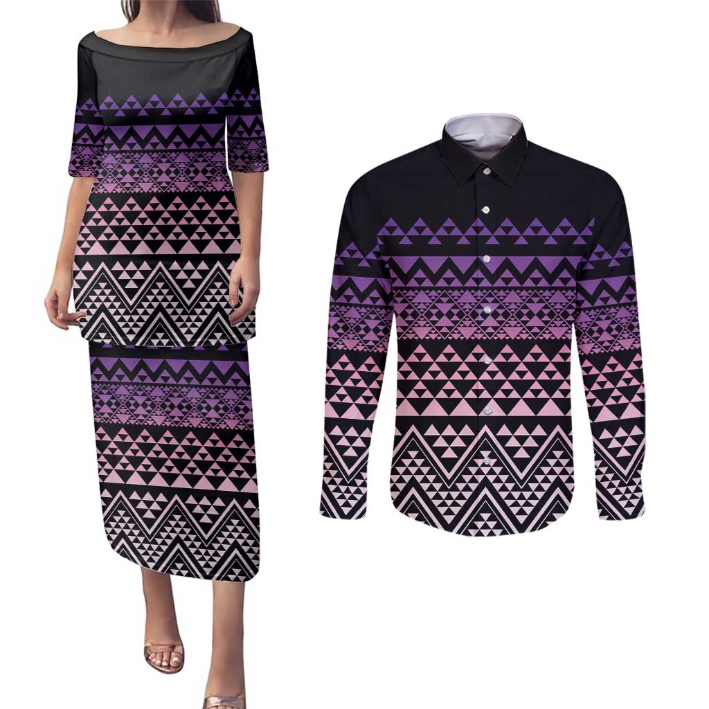 Maori Niho Taniwha Te Wheiao Couples Matching Puletasi and Long Sleeve Button Shirt Waiporoporo LT7 Purple - Polynesian Pride