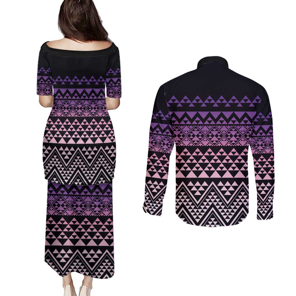 Maori Niho Taniwha Te Wheiao Couples Matching Puletasi and Long Sleeve Button Shirt Waiporoporo - Polynesian Pride