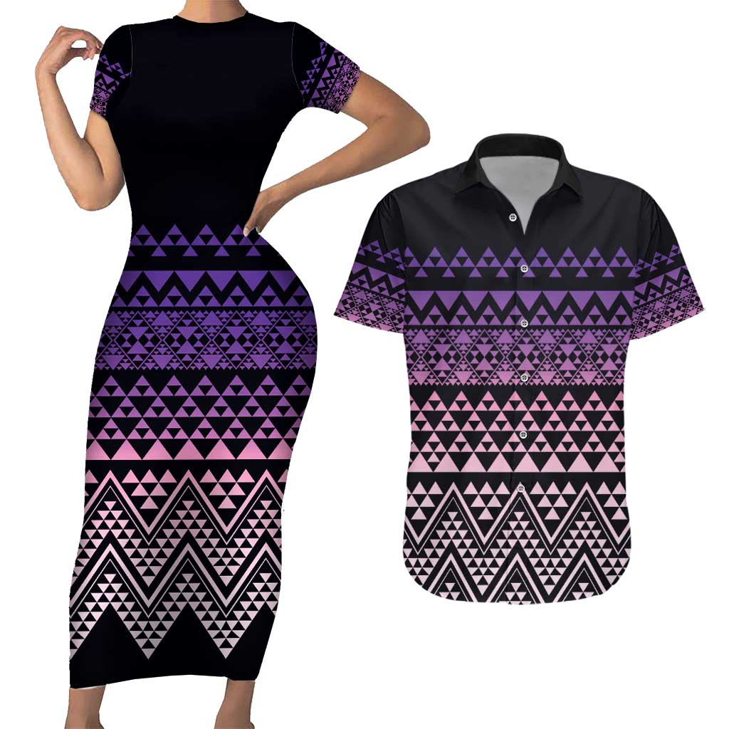 Maori Niho Taniwha Te Wheiao Couples Matching Short Sleeve Bodycon Dress and Hawaiian Shirt Waiporoporo LT7 Purple - Polynesian Pride