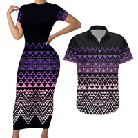 Maori Niho Taniwha Te Wheiao Couples Matching Short Sleeve Bodycon Dress and Hawaiian Shirt Waiporoporo LT7 Purple - Polynesian Pride