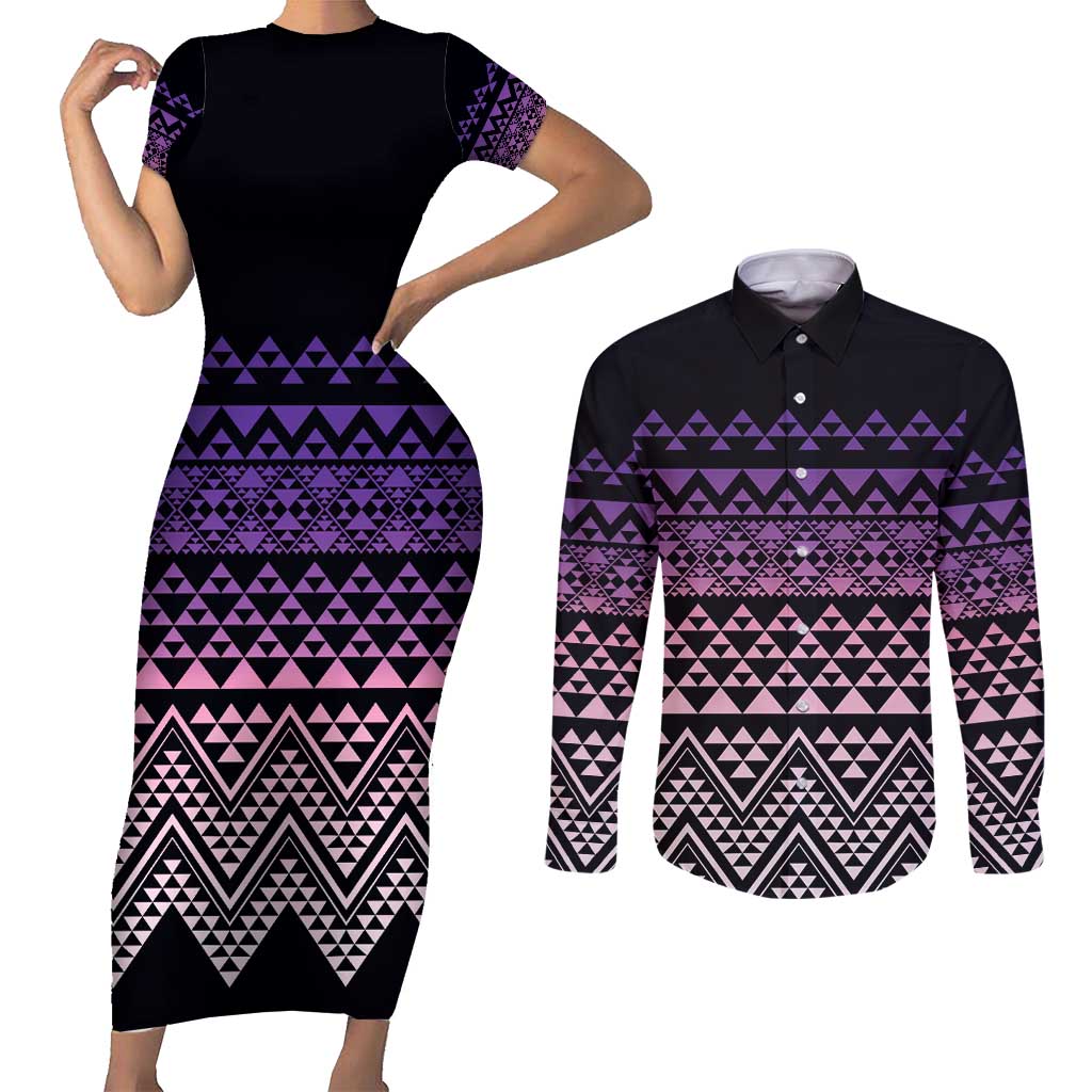 Maori Niho Taniwha Te Wheiao Couples Matching Short Sleeve Bodycon Dress and Long Sleeve Button Shirt Waiporoporo LT7 Purple - Polynesian Pride