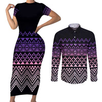Maori Niho Taniwha Te Wheiao Couples Matching Short Sleeve Bodycon Dress and Long Sleeve Button Shirt Waiporoporo LT7 Purple - Polynesian Pride