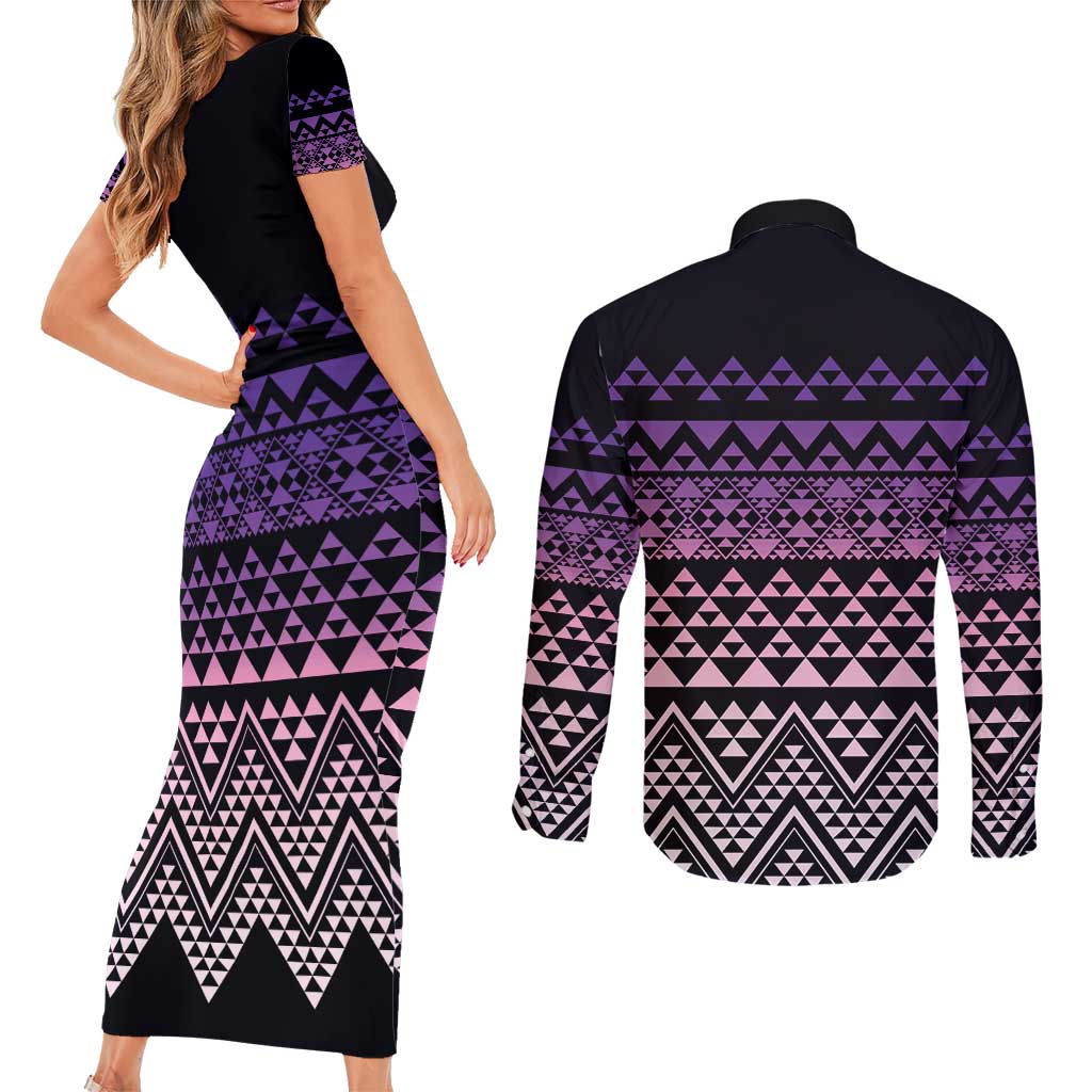 Maori Niho Taniwha Te Wheiao Couples Matching Short Sleeve Bodycon Dress and Long Sleeve Button Shirt Waiporoporo LT7 - Polynesian Pride