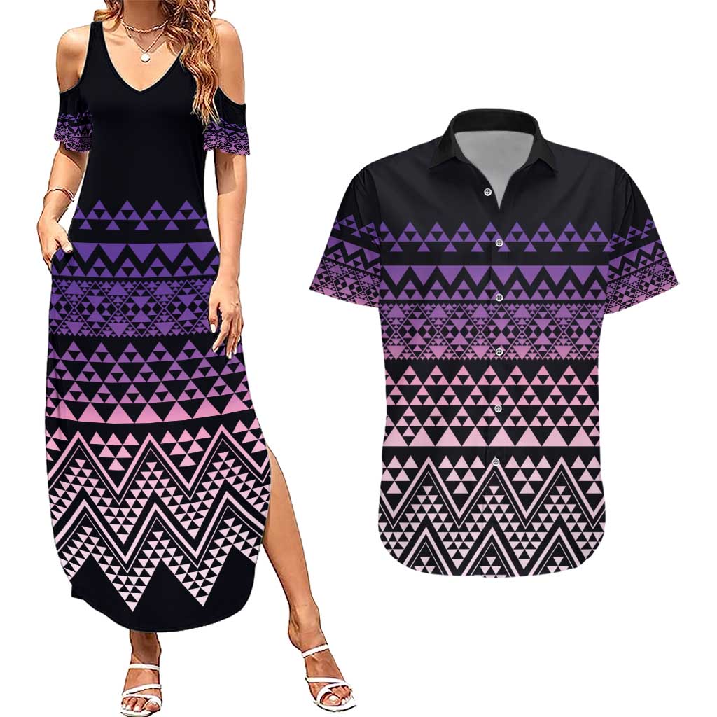 Maori Niho Taniwha Te Wheiao Couples Matching Summer Maxi Dress and Hawaiian Shirt Waiporoporo LT7 Purple - Polynesian Pride