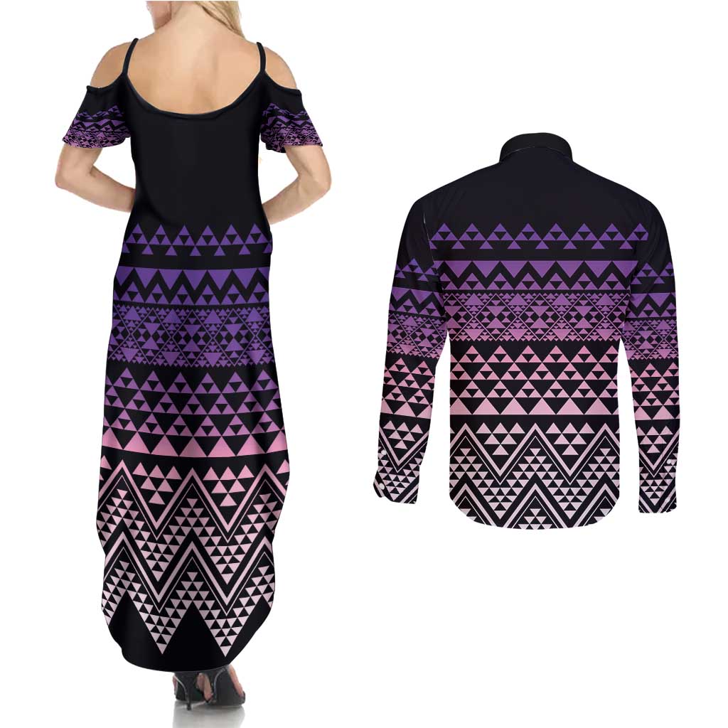Maori Niho Taniwha Te Wheiao Couples Matching Summer Maxi Dress and Long Sleeve Button Shirt Waiporoporo LT7 - Polynesian Pride