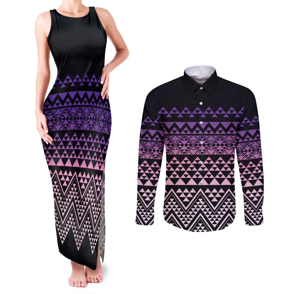 Maori Niho Taniwha Te Wheiao Couples Matching Tank Maxi Dress and Long Sleeve Button Shirt Waiporoporo - Polynesian Pride