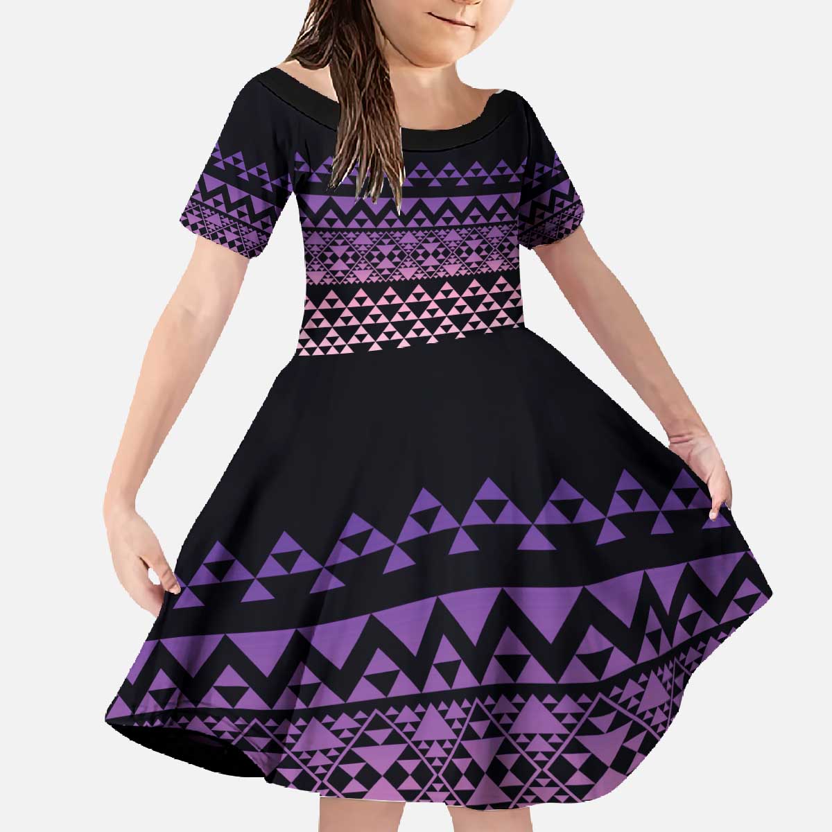 Maori Niho Taniwha Te Wheiao Family Matching Off The Shoulder Long Sleeve Dress and Hawaiian Shirt Waiporoporo LT7 Daughter's Dress Purple - Polynesian Pride