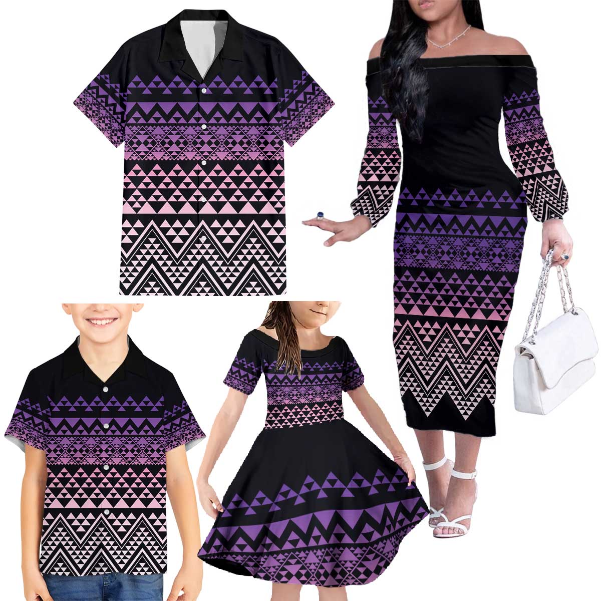 Maori Niho Taniwha Te Wheiao Family Matching Off The Shoulder Long Sleeve Dress and Hawaiian Shirt Waiporoporo LT7 - Polynesian Pride