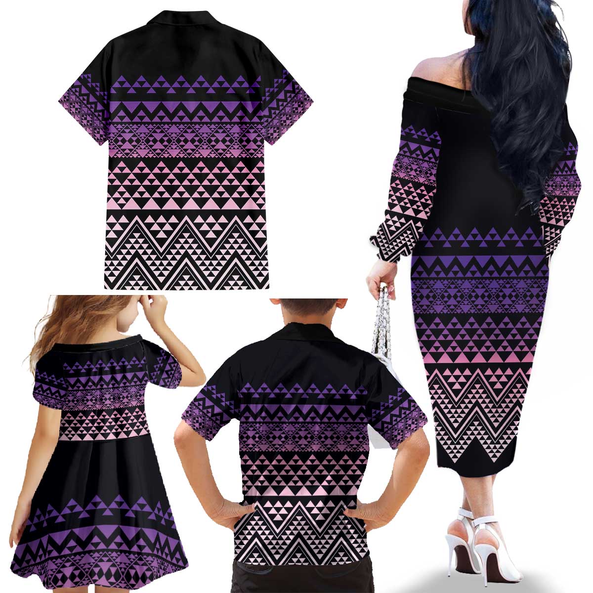 Maori Niho Taniwha Te Wheiao Family Matching Off The Shoulder Long Sleeve Dress and Hawaiian Shirt Waiporoporo LT7 - Polynesian Pride