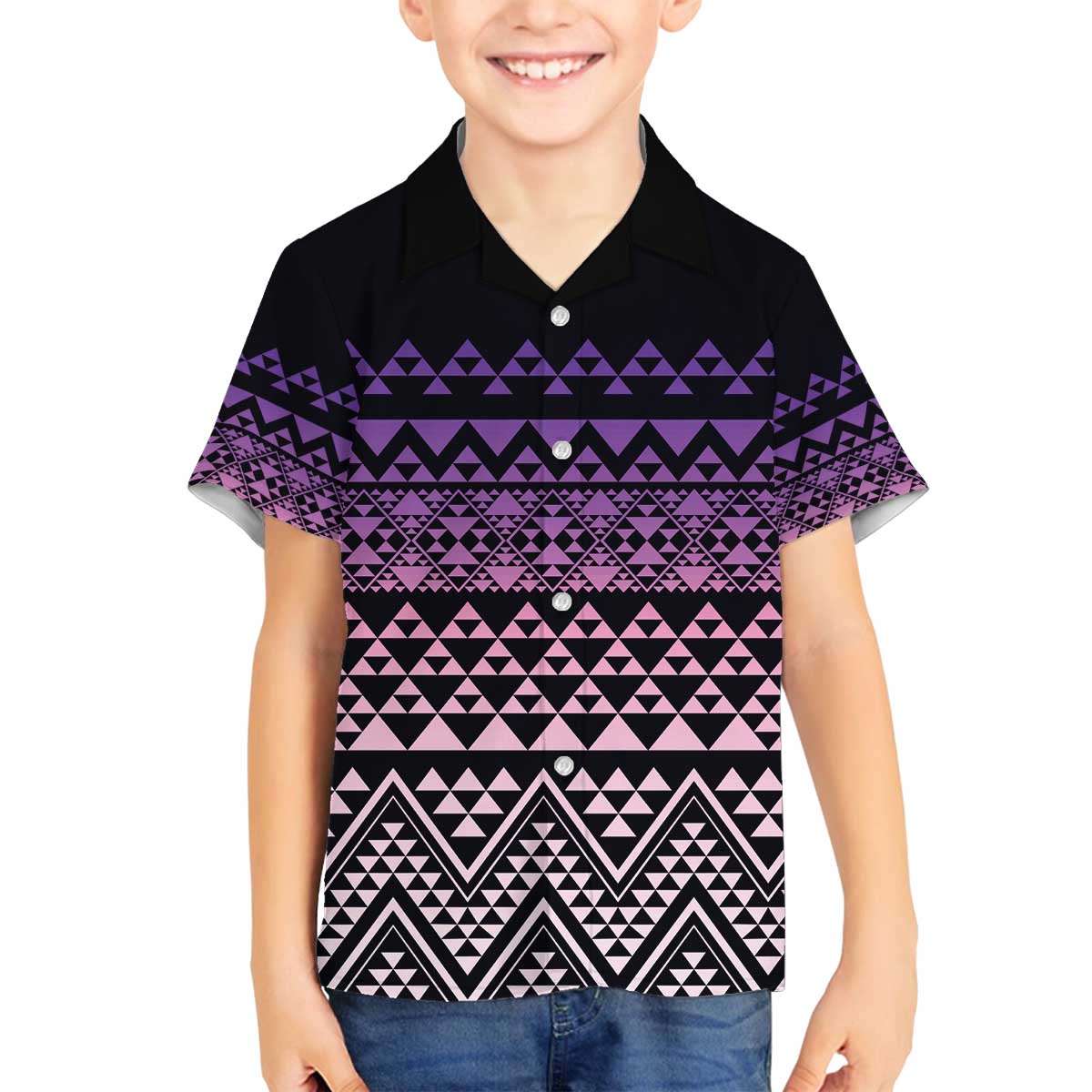 Maori Niho Taniwha Te Wheiao Family Matching Off The Shoulder Long Sleeve Dress and Hawaiian Shirt Waiporoporo LT7 Son's Shirt Purple - Polynesian Pride