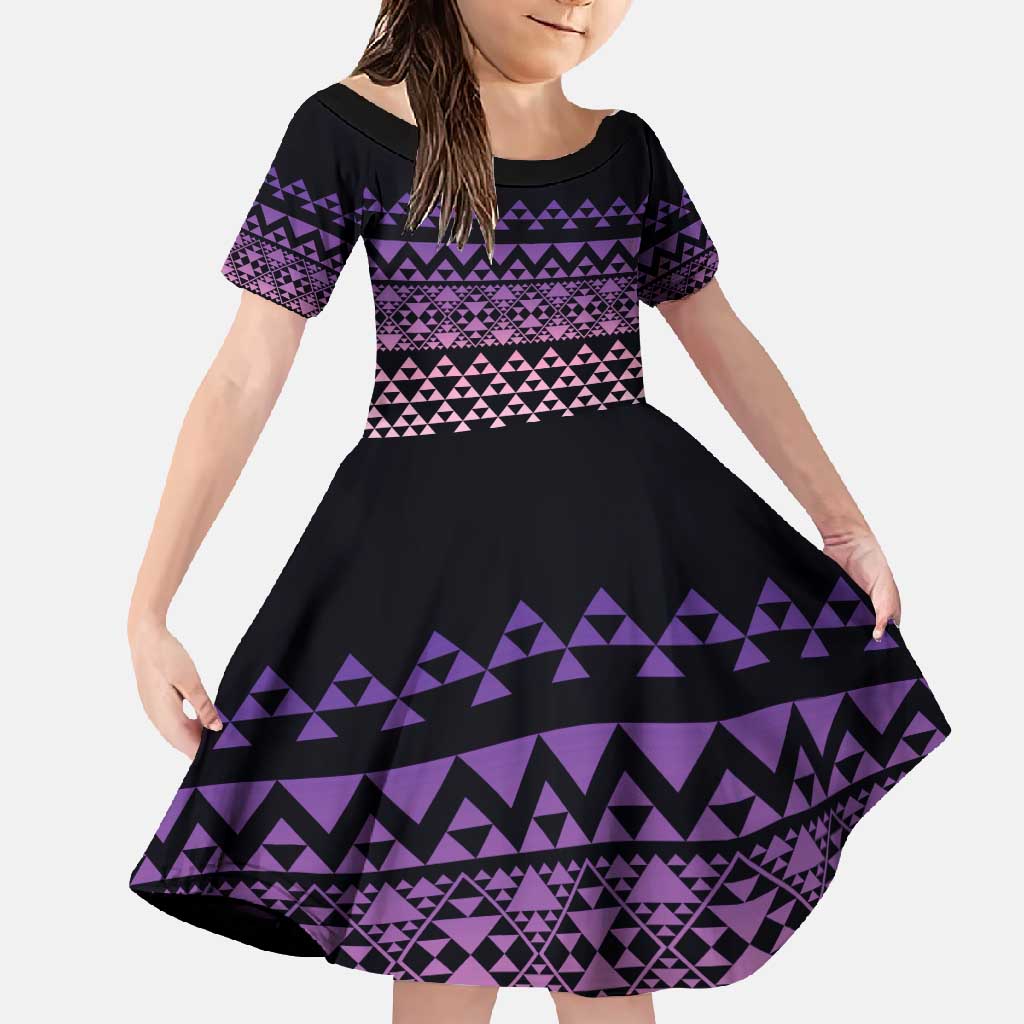 Maori Niho Taniwha Te Wheiao Family Matching Off Shoulder Maxi Dress and Hawaiian Shirt Waiporoporo LT7 Daughter's Dress Purple - Polynesian Pride