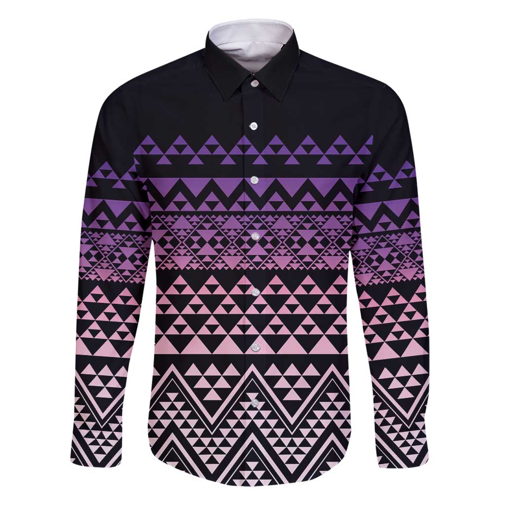Maori Niho Taniwha Te Wheiao Family Matching Off Shoulder Maxi Dress and Hawaiian Shirt Waiporoporo LT7 Dad's Shirt - Long Sleeve Purple - Polynesian Pride