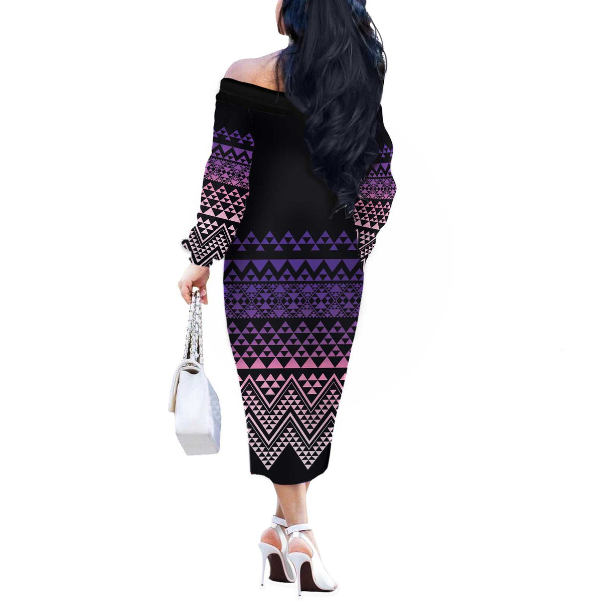 Maori Niho Taniwha Te Wheiao Off The Shoulder Long Sleeve Dress Waiporoporo - Polynesian Pride