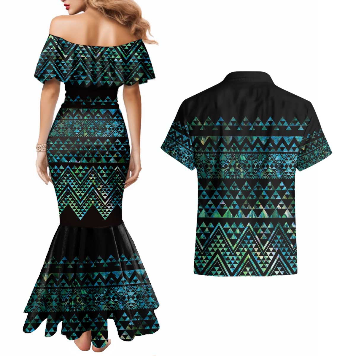 Maori Niho Taniwha Te Wheiao Couples Matching Mermaid Dress and Hawaiian Shirt Paua Shell - Polynesian Pride