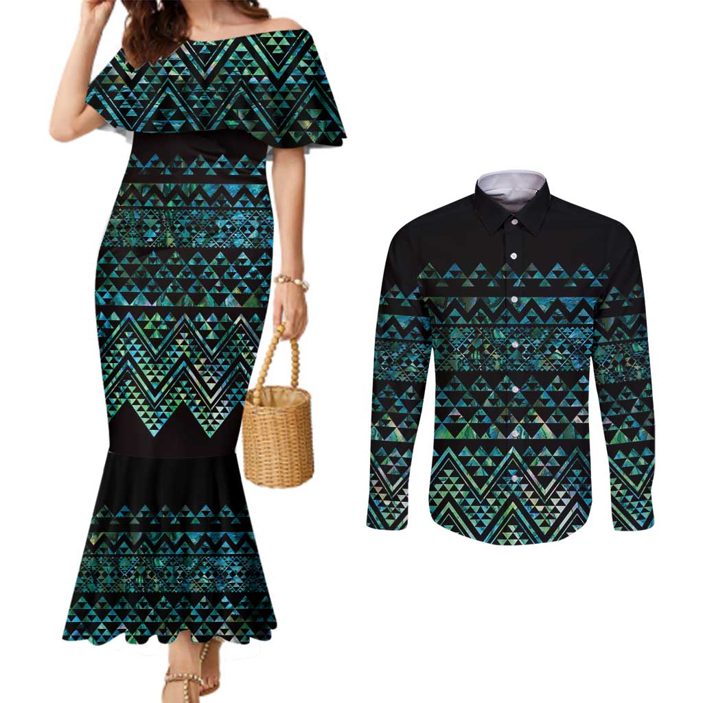 Maori Niho Taniwha Te Wheiao Couples Matching Mermaid Dress and Long Sleeve Button Shirt Paua Shell - Polynesian Pride
