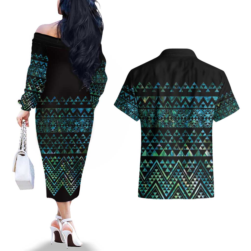 Maori Niho Taniwha Te Wheiao Couples Matching Off The Shoulder Long Sleeve Dress and Hawaiian Shirt Paua Shell LT7 - Polynesian Pride