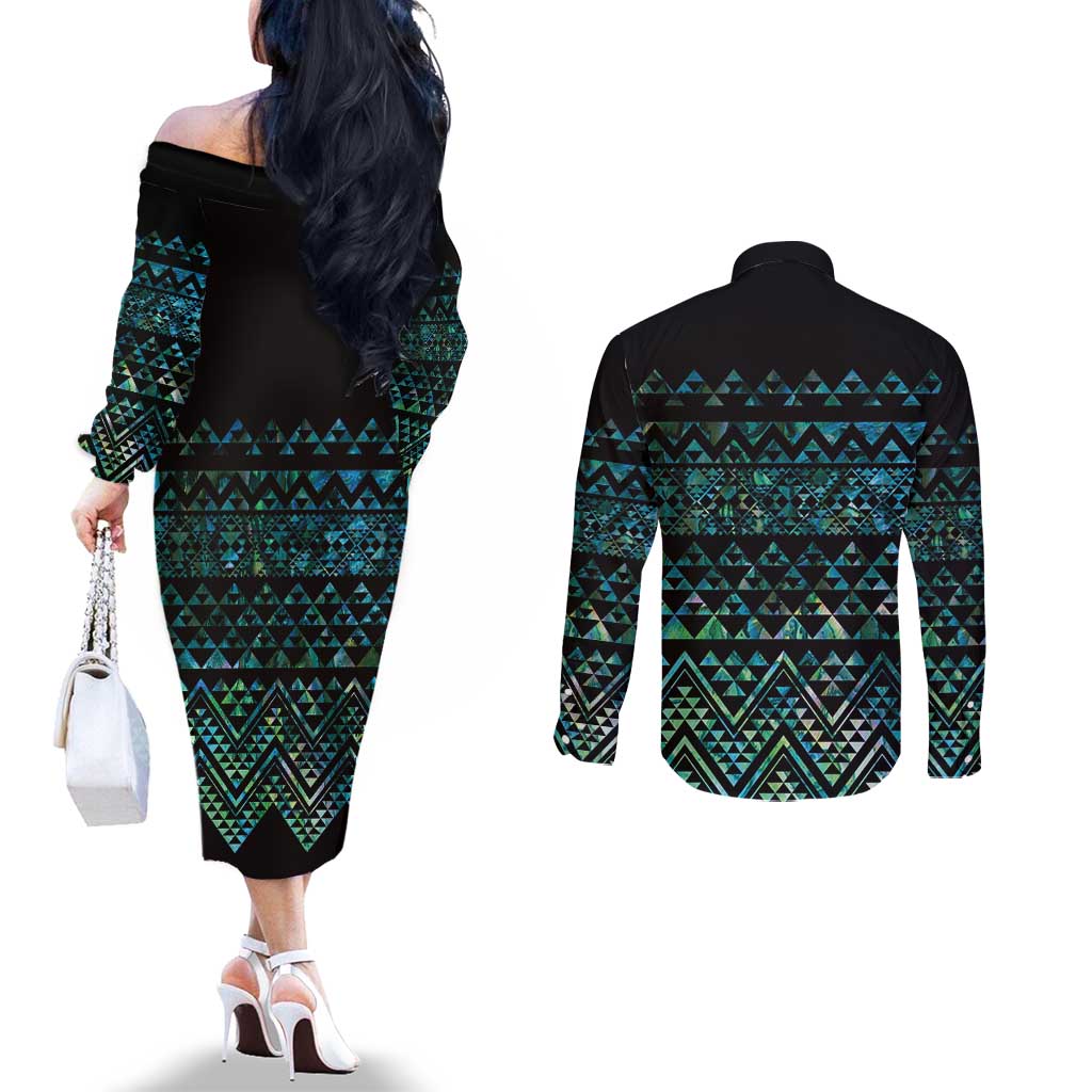 Maori Niho Taniwha Te Wheiao Couples Matching Off The Shoulder Long Sleeve Dress and Long Sleeve Button Shirt Paua Shell - Polynesian Pride