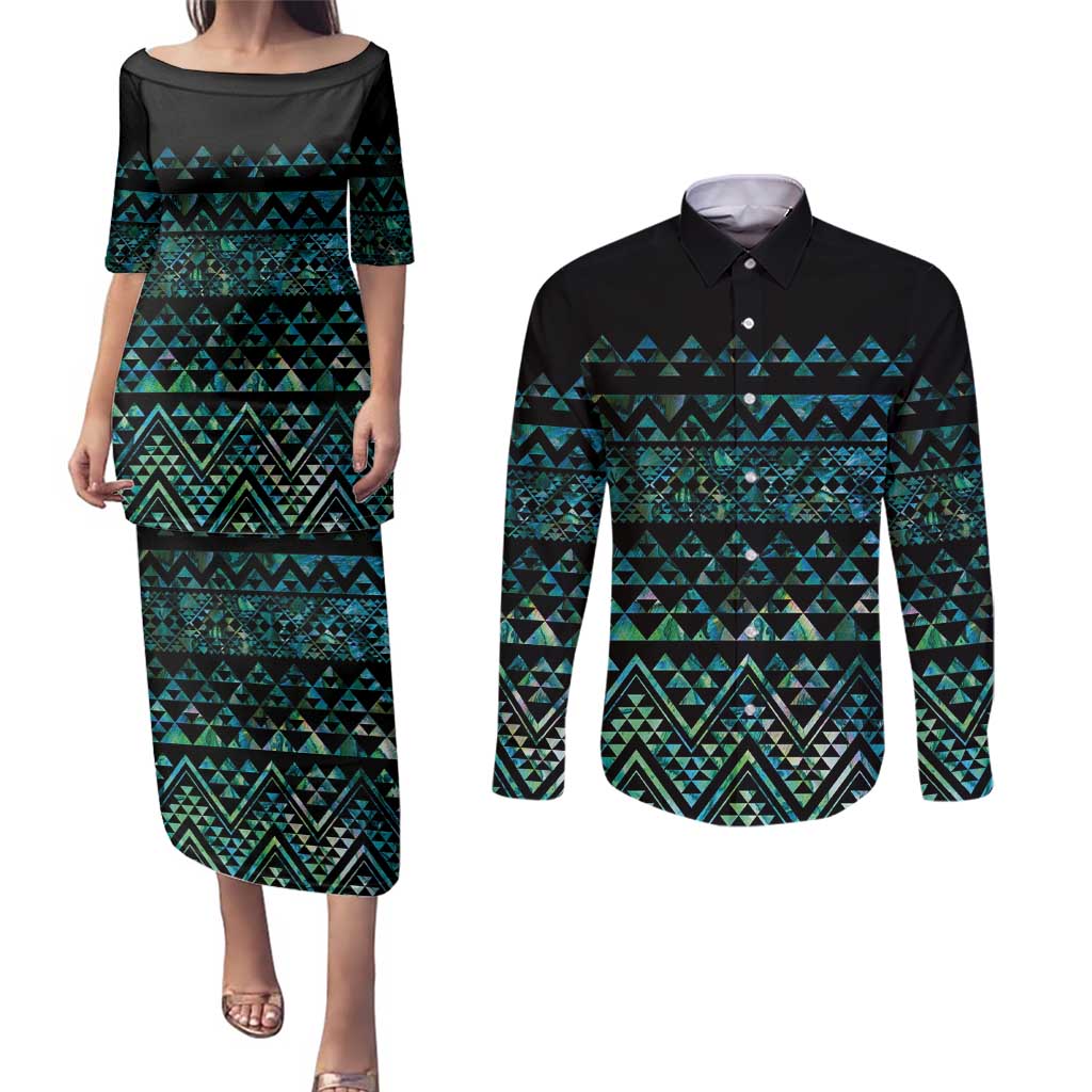 Maori Niho Taniwha Te Wheiao Couples Matching Puletasi and Long Sleeve Button Shirt Paua Shell LT7 Colorful - Polynesian Pride