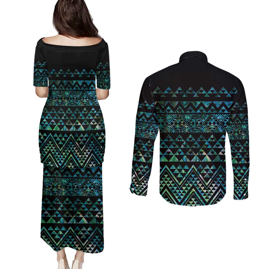 Maori Niho Taniwha Te Wheiao Couples Matching Puletasi and Long Sleeve Button Shirt Paua Shell - Polynesian Pride