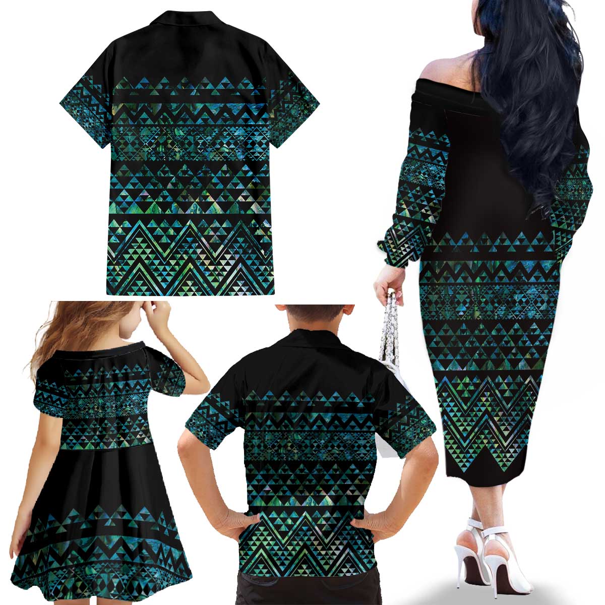 Maori Niho Taniwha Te Wheiao Family Matching Off The Shoulder Long Sleeve Dress and Hawaiian Shirt Paua Shell LT7 - Polynesian Pride