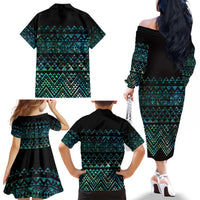 Maori Niho Taniwha Te Wheiao Family Matching Off The Shoulder Long Sleeve Dress and Hawaiian Shirt Paua Shell LT7 - Polynesian Pride