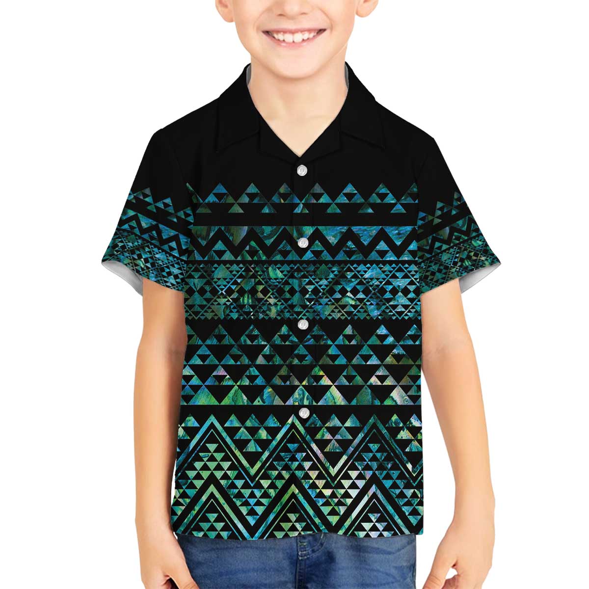 Maori Niho Taniwha Te Wheiao Family Matching Off The Shoulder Long Sleeve Dress and Hawaiian Shirt Paua Shell LT7 Son's Shirt Colorful - Polynesian Pride