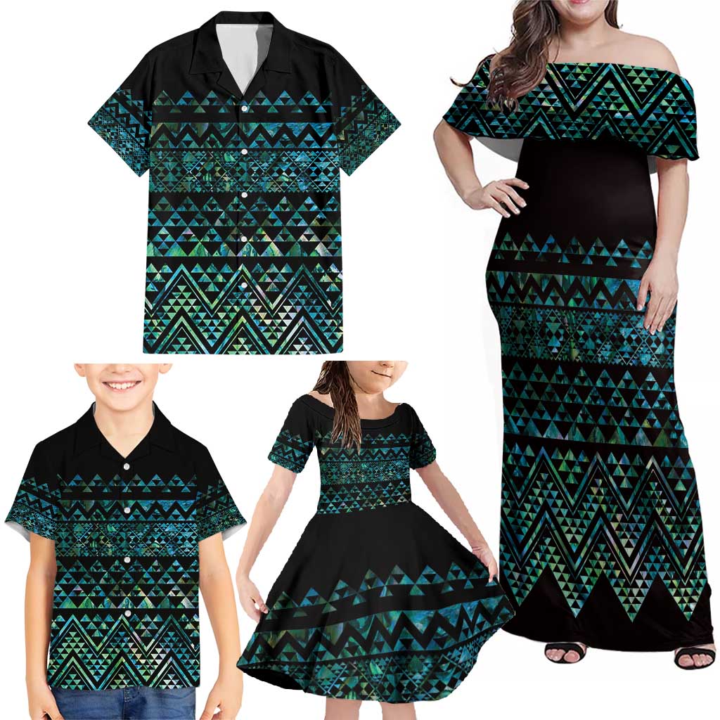 Maori Niho Taniwha Te Wheiao Family Matching Off Shoulder Maxi Dress and Hawaiian Shirt Paua Shell LT7 - Polynesian Pride