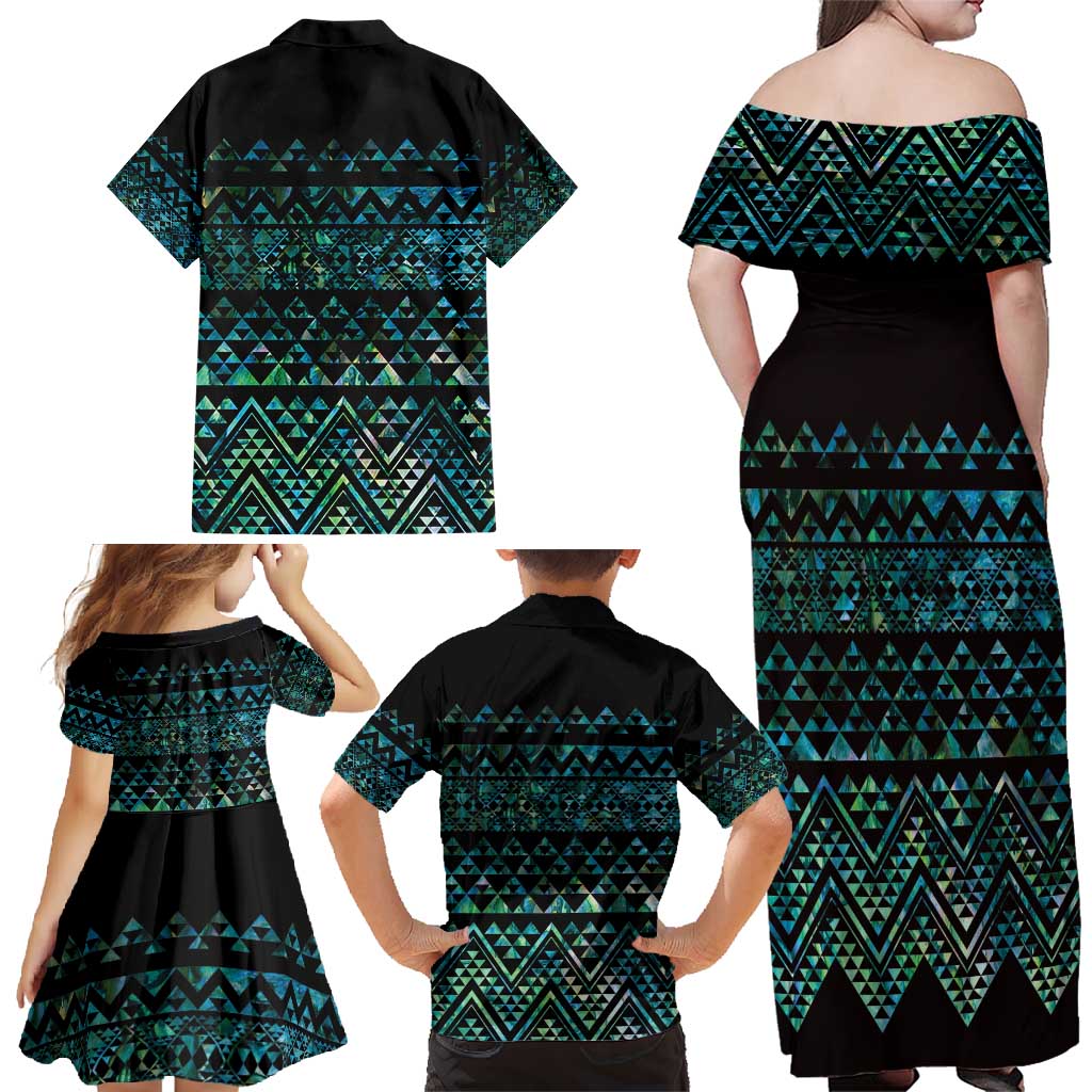 Maori Niho Taniwha Te Wheiao Family Matching Off Shoulder Maxi Dress and Hawaiian Shirt Paua Shell LT7 - Polynesian Pride