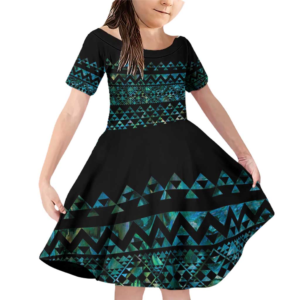 Maori Niho Taniwha Te Wheiao Family Matching Off Shoulder Short Dress and Hawaiian Shirt Paua Shell LT7 Daughter's Dress Colorful - Polynesian Pride