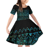 Maori Niho Taniwha Te Wheiao Family Matching Off Shoulder Short Dress and Hawaiian Shirt Paua Shell LT7 Daughter's Dress Colorful - Polynesian Pride