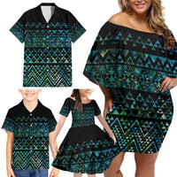 Maori Niho Taniwha Te Wheiao Family Matching Off Shoulder Short Dress and Hawaiian Shirt Paua Shell LT7 - Polynesian Pride