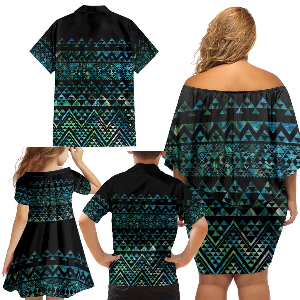 Maori Niho Taniwha Te Wheiao Family Matching Off Shoulder Short Dress and Hawaiian Shirt Paua Shell LT7 - Polynesian Pride