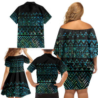 Maori Niho Taniwha Te Wheiao Family Matching Off Shoulder Short Dress and Hawaiian Shirt Paua Shell LT7 - Polynesian Pride