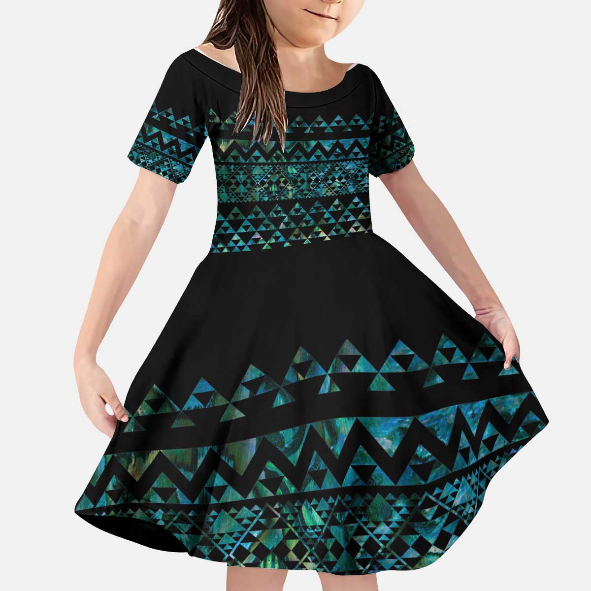 Maori Niho Taniwha Te Wheiao Kid Short Sleeve Dress Paua Shell LT7 KID Colorful - Polynesian Pride