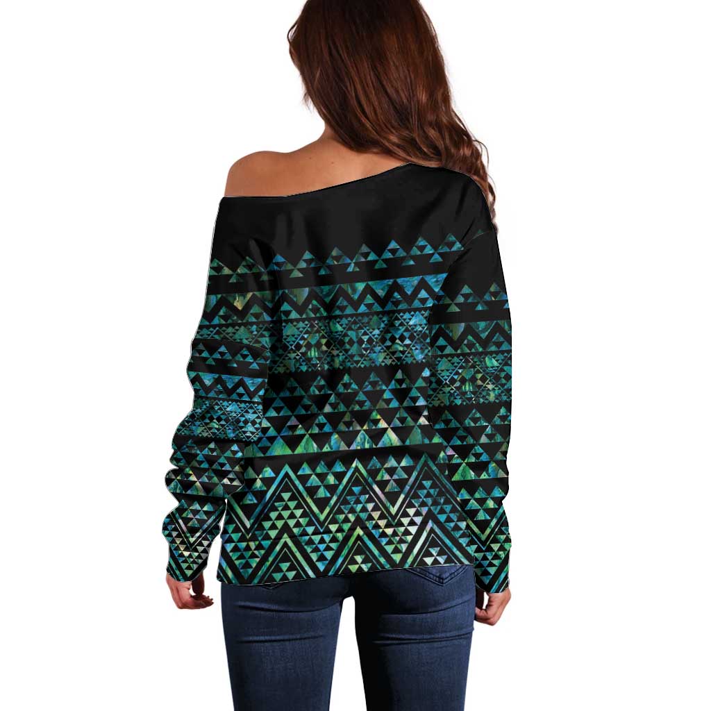 Maori Niho Taniwha Te Wheiao Off Shoulder Sweater Paua Shell - Polynesian Pride
