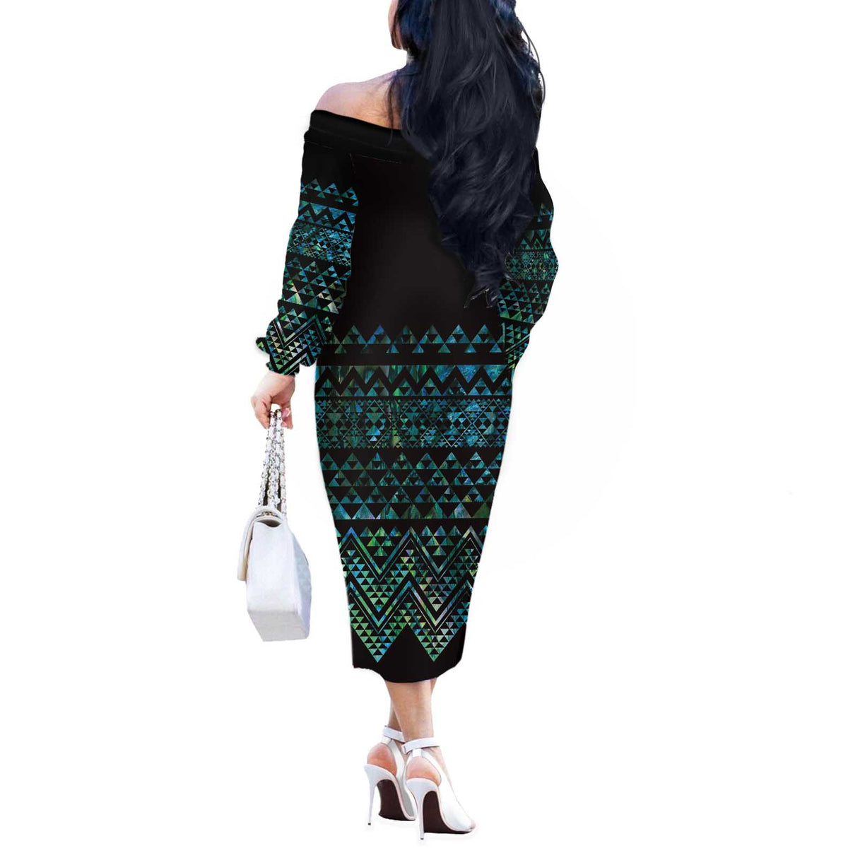 Maori Niho Taniwha Te Wheiao Off The Shoulder Long Sleeve Dress Paua Shell - Polynesian Pride