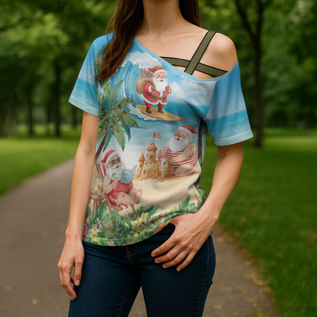 Tropical Christmas Funny Santa Cross Shoulder Shirt Beach Vacation