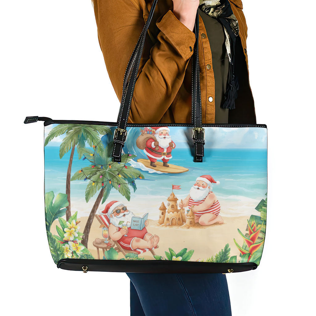 Tropical Christmas Funny Santa Leather Tote Bag Beach Vacation