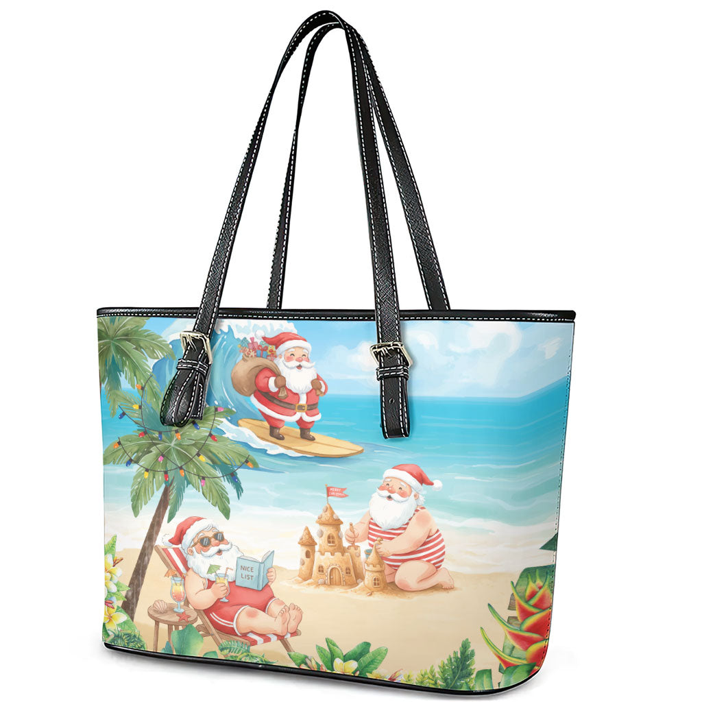 Tropical Christmas Funny Santa Leather Tote Bag Beach Vacation