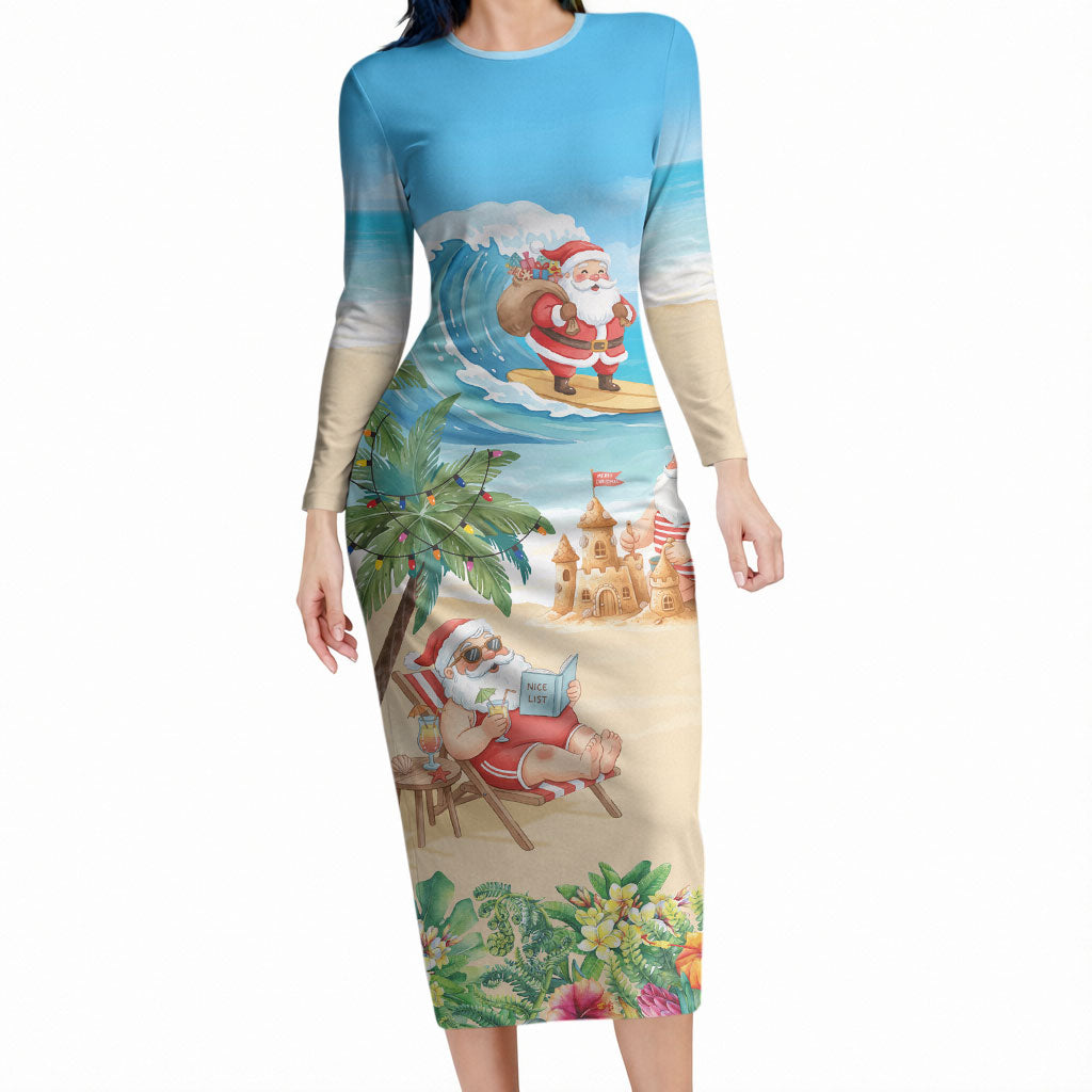 Tropical Christmas Funny Santa Long Sleeve Bodycon Dress Beach Vacation LT7 Long Dress Multicolor - Polynesian Pride