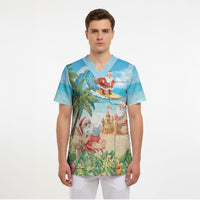 Tropical Christmas Funny Santa Scrub Top Beach Vacation