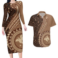 Papua New Guinea Oro Tapa Motif Couples Matching Long Sleeve Bodycon Dress and Hawaiian Shirt Classic LT7 Brown - Polynesian Pride